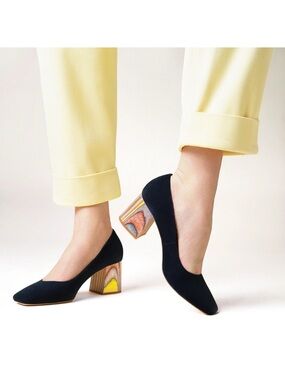 Charlotte Stone Black Suede Square Toe Block Heel Pumps Multicolor Heel Size 6